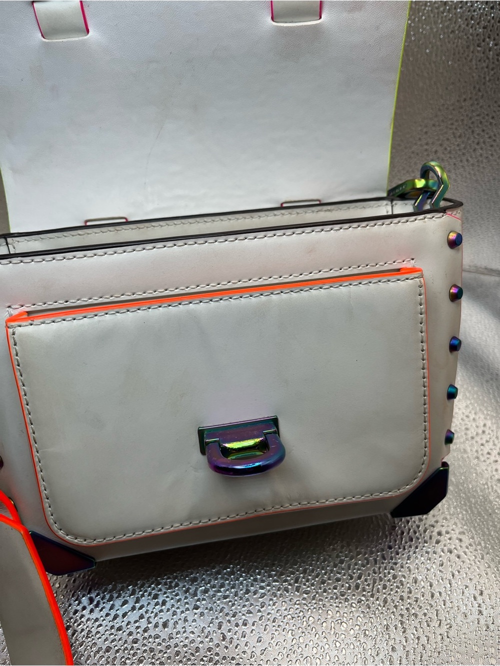 Michael Kors Manhattan Leather Optic White/Oil Slick Crossbody Bag - Picture 10 of 14